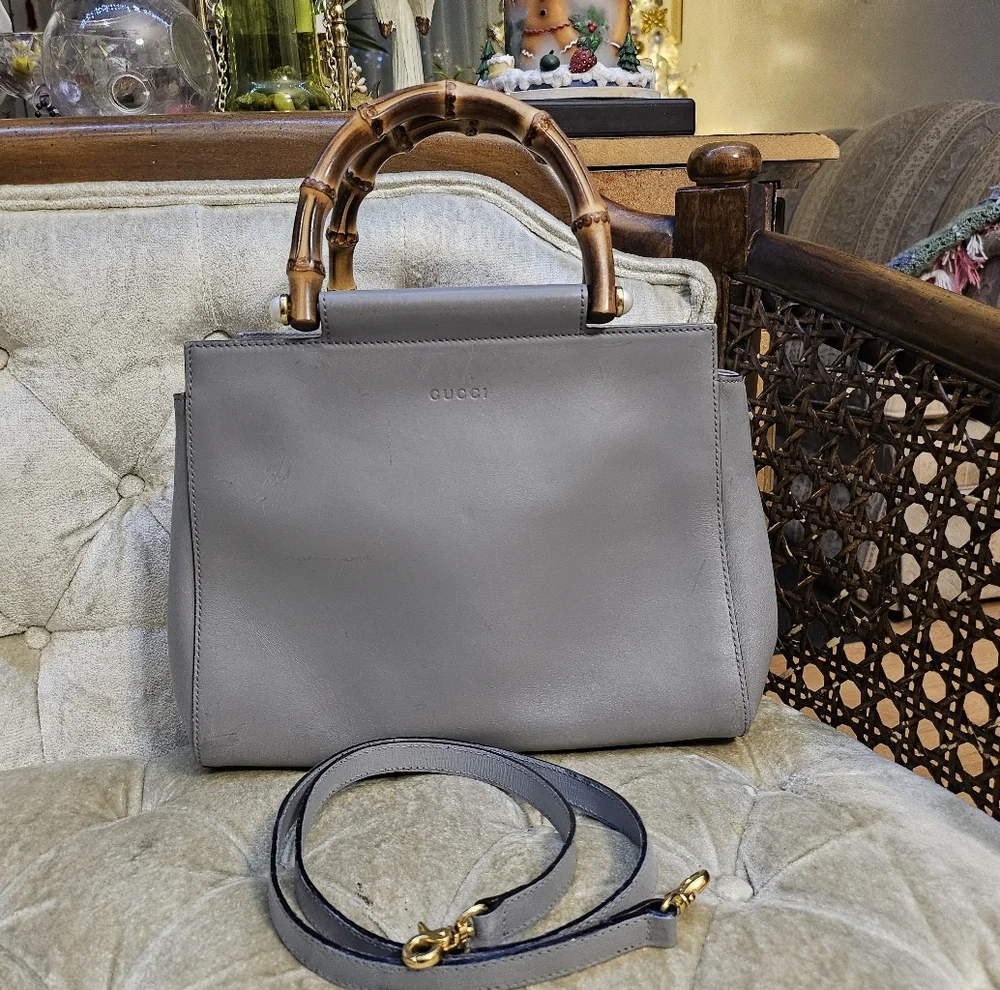 Authentic Gucci gray Leather bamboo handle 2 way bag - Picture 1 of 10